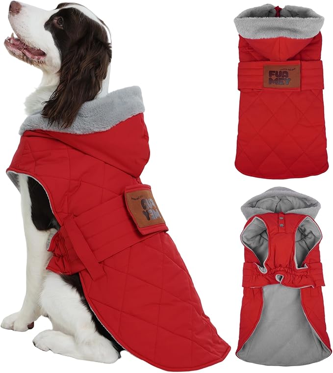 FUAMEY Dog Jackets for Large, Adjustable Dogs Coats Fleece Lined, Waterproof Puppy Vest Sleeveless, Doggies Cold Weather Outfits with Harness Hole, Warm Pup Snowsuit (Red, L)