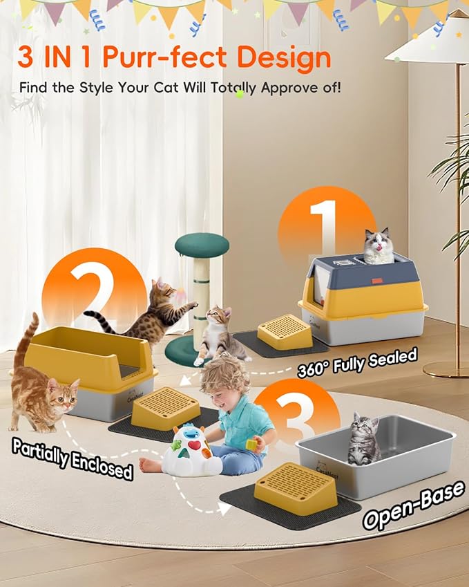 3-in-1 Stainless Steel Cat Litter Box with Lid, Enclosed Top Entry Metal Litter Box for Large Cats, Non-Stick & Odor Control, Leak-Proof, Easy Cleaning for Multi-Cat Home, Extra Large, Yellow