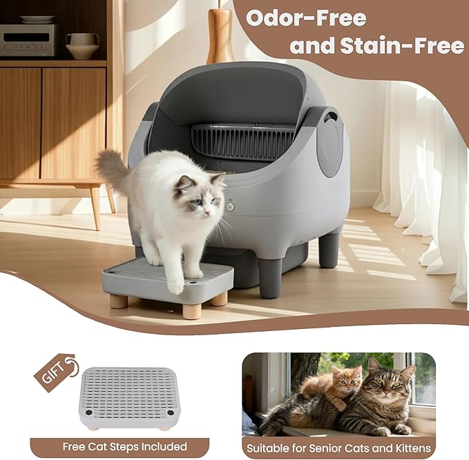 Automatic Litter Box, Upgraded Self Cleaning Litter Box for Multiple Cats with Step, Smart App Control, Long-Lasting Durability, Odor Control & Health Monitoring & Safety Protection & Quiet Operation