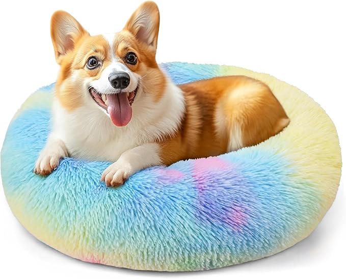 28in Large Dog Bed, Medium Size Dog and Cats, Calming Donut Bed for Puppy and Kitten, Washable Round Fluffy Pet Bed (Rainbow)