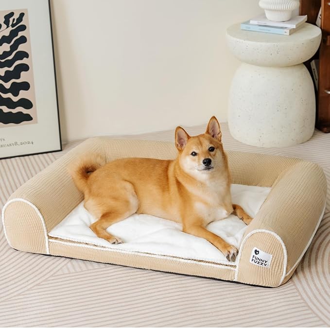 FUNNY FUZZY Orthopedic Dog Bed – Washable Dog Bed with Double Layer Plush Cushion Sofa Style Design with Bolstered Sides for Small Medium & Large Dogs Removable Cover M Size (23.6"x19.7"x6.9") Beige