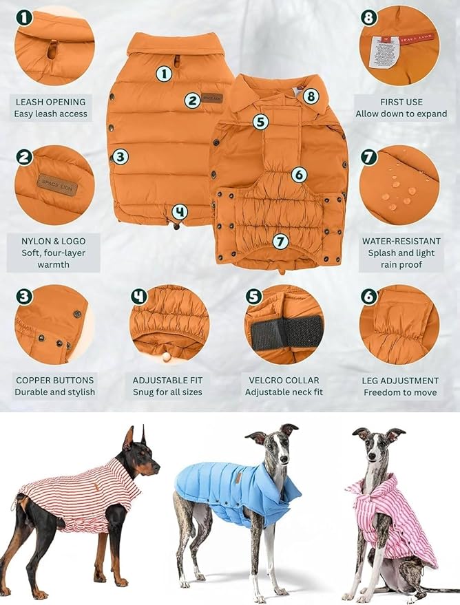 SPACE LION Puffer Jacket, Down Winter Coat, Waterproof, Windproof, Lightweight Jacket, Adjustable Fit for Small Dogs(Orange,XS)