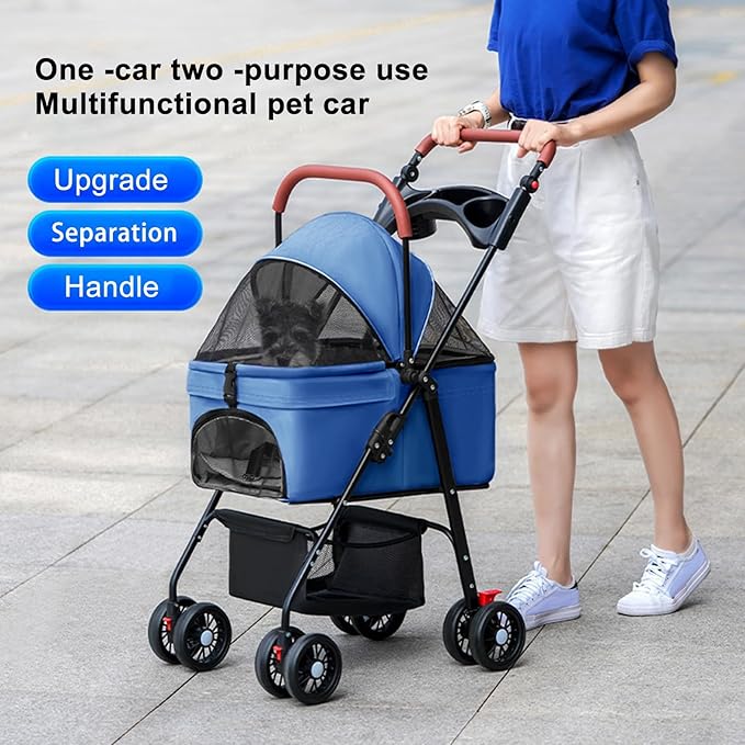 Pet Stroller-Folding 4 Wheels Cat/Dog Stroller for Medium Small Pets with Storage Basket and Cup Holder Suitable for Going Out and Traveling (Blue)
