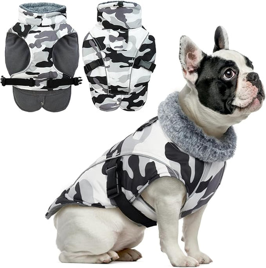 DENTRUN Medium Dog Winter Jacket - Warm Reflective Windproof Coat, Adjustable Neck & Snap Closure, Water Repellent Thick Fleece Vest, Fleece Lined for Beagle Pug, White Camo, M