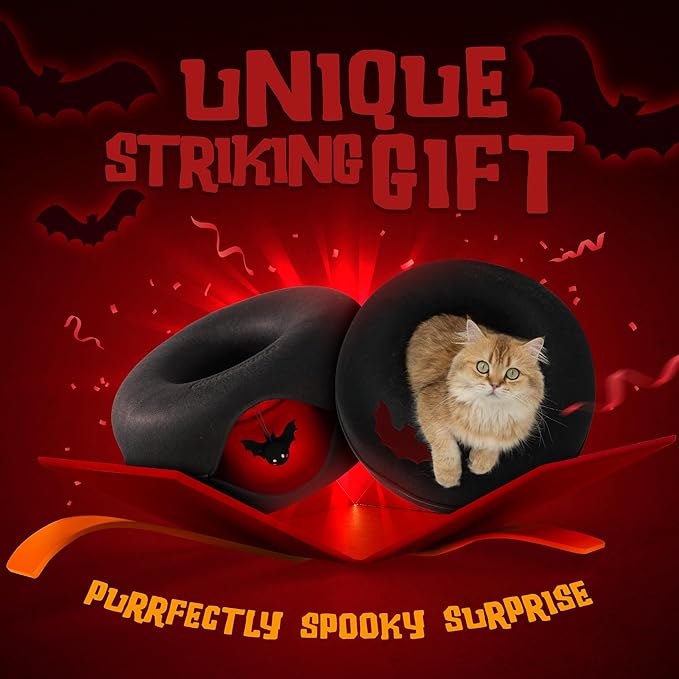 Cattasaurus Halloween Peekaboo Cat Cave for Multiple & Large Cats Up to 30-45 Lbs, Scratch Detachable & Washable Tunnel Bed, Comfy Donut Cat Cave (Gothic Bat, Large)