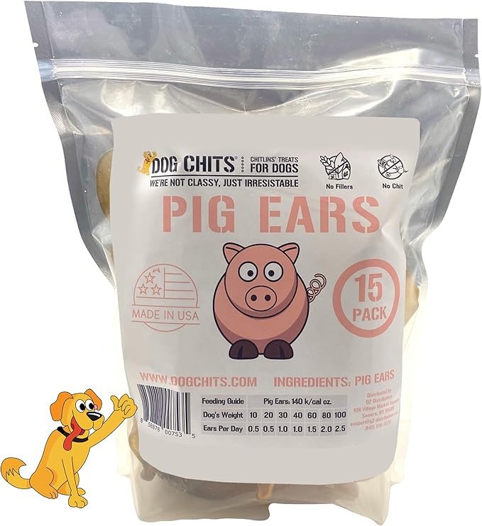 Dog Chits Pig Ears Dog and Puppy Treats - All Natural Grain and Chemical Free Training Chews - High Protein and Low Fat - Supports Dental Health - Made in The USA - 15 Pack