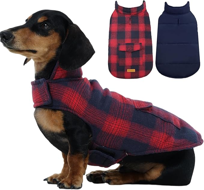 Kuoser Reversible Winter Coat, British Style Jacket for Small Dogs, Warm Windproof Puppy Cold Weather Clothes Vest, Red XS
