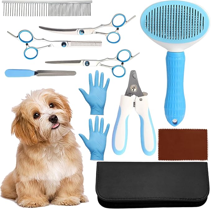 Dog Grooming Kit 9pcs Professional Scissors Set with Comb for Dogs Cats Dog Brush for Shedding Nail Clipper with Nail File Brushes for Grooming Safety Round Tip Shears Kit Blue Small Large Pet