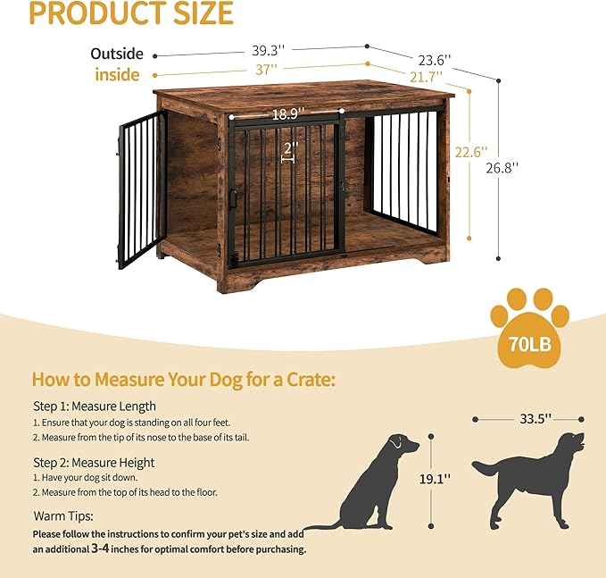 39.3" Dog Crate Furniture with Barn Door, Heavy Duty Dog Kennel Indoor with 2 Doors, Wooden Pet Cage End Table for Large Small Medium Dogs, Anti-Chew Anti-Escape, Rustic Brown DFC02301B