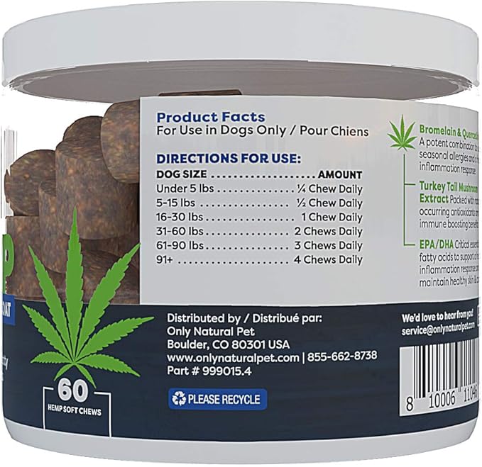 Only Natural Pet Allergy, Skin & Coat Hemp Soft Chews - Allergy Immune Bites for Dogs, Omega 3 Supplement, Hemp Oil - Calming Treats for Itchy Skin Relief, Hot Spot - (60 Count) (AL.)