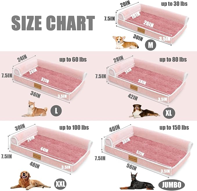 Patas Lague Orthopedic Jumbo Dog Bed Large Sized Dog 56''X40'', Waterproof Comfortable L Bolster Jumbo Non-Slip Soft Warm Pet Crate Bed Sleep Sofa mat with Removable Washable Cover, Pink
