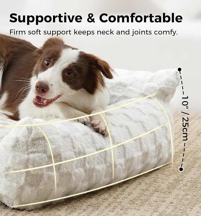 MADE 4 PETS Cat and Dog Indoor Couch Bed, Soft Faux Fur Checkered Pet Sofa, Cozy Fluffy Pet Sofa with Supportive Foam, Removable Washable Cover with Non-Slip Base, White, Medium