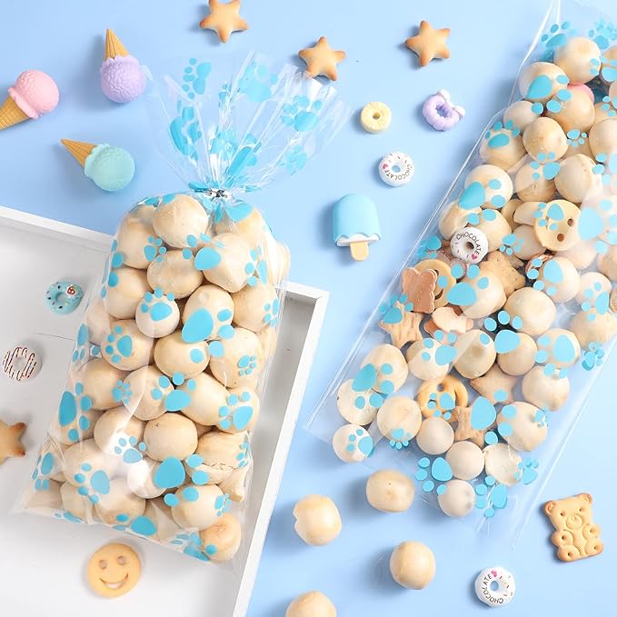 Blulu 100 Pieces Dog Treat Bags Puppy Party Favor Pet Paw Cone Cellophane Bags Candy Heat SealableDog Paw Gift with 100 Pieces Silver Twist Ties for Pet Cat Treat Party Favor (Blue)