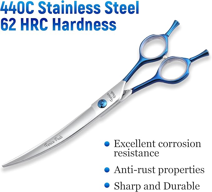 Fenice Peak Grooming Scissors for Dogs 7 inch Curved Pet Grooming Scissors Ergonomically Designed Blue Handles Ideal Dog Shears for Precise Trimming Easy Use.