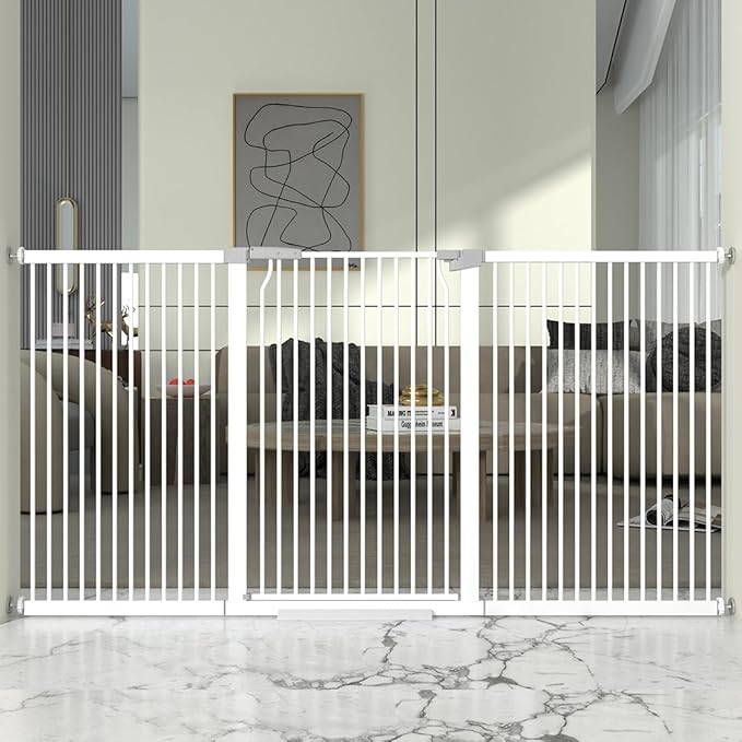 North States Extra Tall and Wide White Metal Baby & Pet Gate - 76.8-79.5'' Wide, 41'' Tall, Pressure Mounted with Expansion Kit