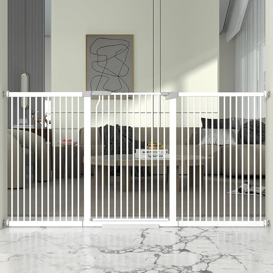North States Extra Tall and Wide White Metal Baby & Pet Gate - 76.8-79.5'' Wide, 41'' Tall, Pressure Mounted with Expansion Kit