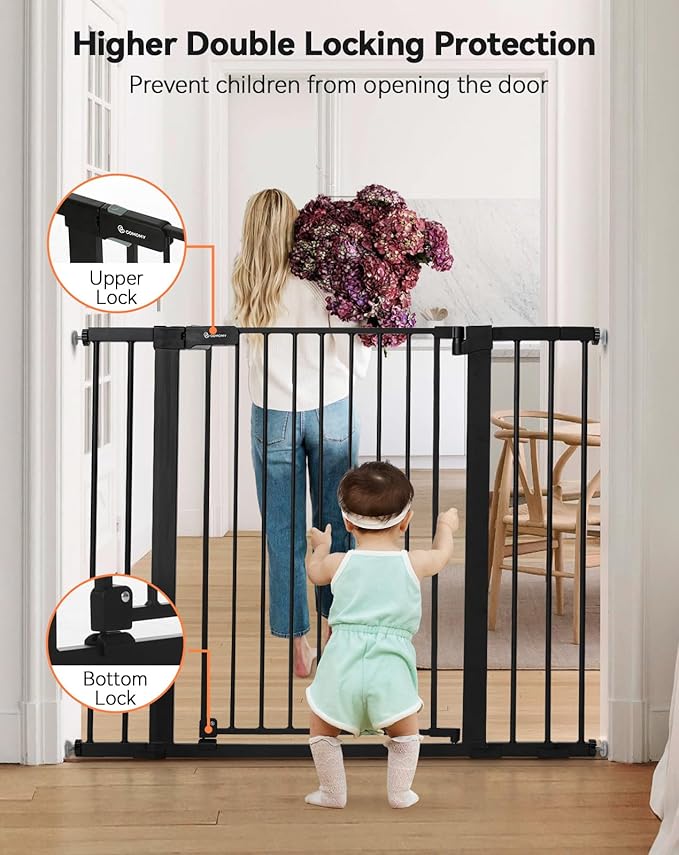 COMOMY 36" Extra Tall Baby Gate for Stairs Doorways, Fits Openings 29.5" to 46" Wide, Auto Close Extra Wide Dog Gate for House, Pressure Mounted Easy Walk Through Pet Gate with Door, Black
