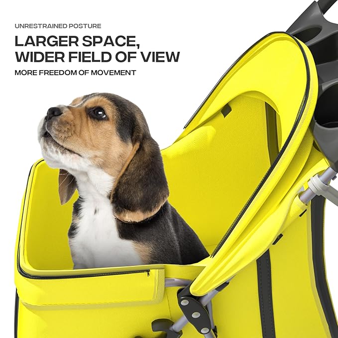 Cat & Dog Stroller, 3-Wheels Foldable Pet Stroller for Medium/Puppy Dogs & Cats, 30 Lbs, Yellow Mesh with Storage Basket & Cup Holder