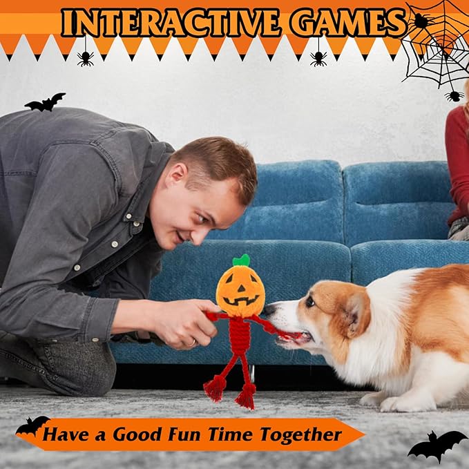 PUPTECK Halloween Dog Squeaky Chew Toys - 3 PCS Funny Pumpkin Plush Stuffed Toys for Puppy Pet Tugging Playing