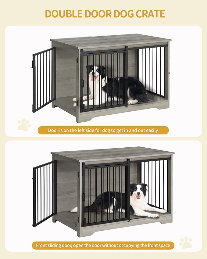 39.4" Heavy Duty Dog Crate Furniture with Barn Door, Wood Indoor Dog Crate Kennel for Small/Medium/Large Dogs, End Side Table, TV Stand, Greige Black DFC02305B