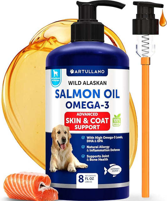Salmon Oil for Dogs - Omega 3 for Dogs - 8 FL OZ Wild Alaskan Salmon Fish Oil - Natural EPA & DHA Fatty Acids for Skin & Coat, Allergy, Joint & Bone Health - Liquid Support Supplement for Shedding