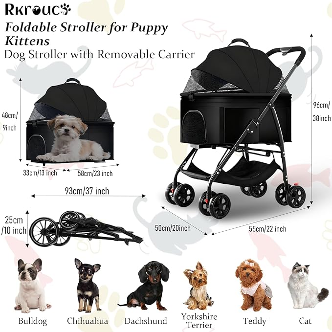 3 in 1 Dog Strollers 4 Wheels Folding Pet Stroller with Detachable Carrier Multifunction Portable Dogs Travel Carriers for Medium Small Puppy Kittens(Solid Black)
