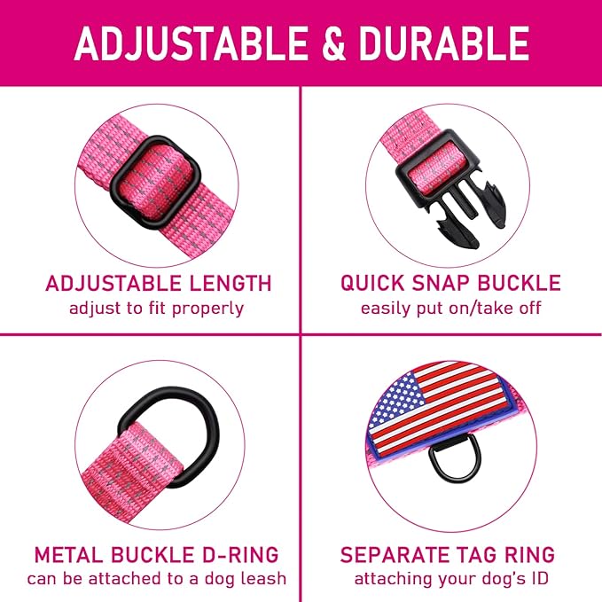 Martingale Collar for Training Dogs. Adjustable Reflective Collars with Buckle-USA Flag- NO Pull-Prevents Slipping Out, for Medium Large XL Dogs. Helps with Strong pullers (XL, Pink)