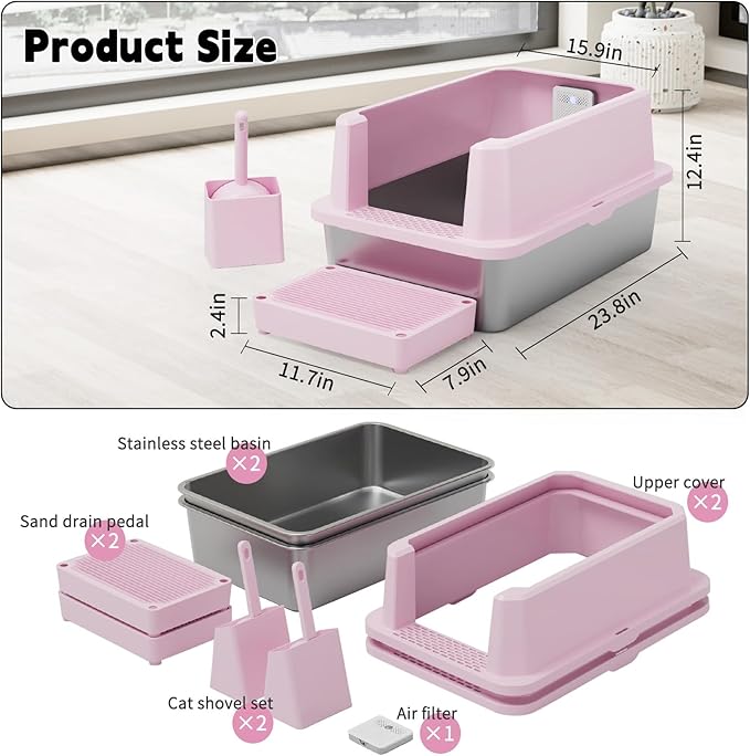 RIZZARI Stainless Steel Litter Box: Pink Leakproof Open Top Tray - Large Size Odor Control for Cats Under 20 lbs - with Deodorizer - 2 Pack - for Laundry Room Restroom