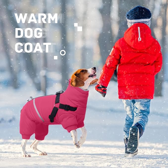 BRKURLEG Dog Winter Coat with Harness Built in, Winter Dog Jacket for Small and Medium Dogs, Small Dogs Snowsuit Reflective Windproof Cold Weather Coat, Puppy Warm Fleece Coats, Hot Pink, S