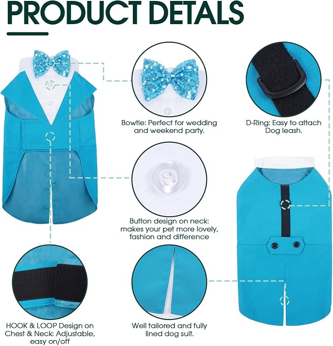 Kuoser Dog Tuxedo for Large Dogs, Pet Wedding Outfit with Bow Tie, Dog Suit and Bandana Set Formal Dogs Tux Pet Costume Halloween Christmas Outfit for Birthday Party Cosplay