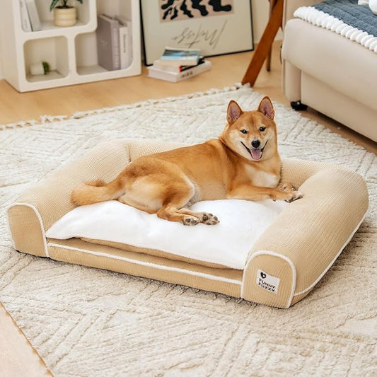 FUNNY FUZZY Orthopedic Dog Bed – Washable Dog Bed with Double Layer Plush Cushion Sofa Style Design with Bolstered Sides for Small Medium & Large Dogs Removable Cover XL Size (39.3"x26.7"x7.8") Beige