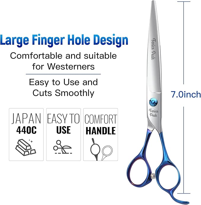 Fenice Peak Grooming Scissors for Dogs 7 inch Straight Pet Grooming Scissors Ergonomically Designed Blue Handles Ideal Dog Shears for Precise Trimming Easy Use.