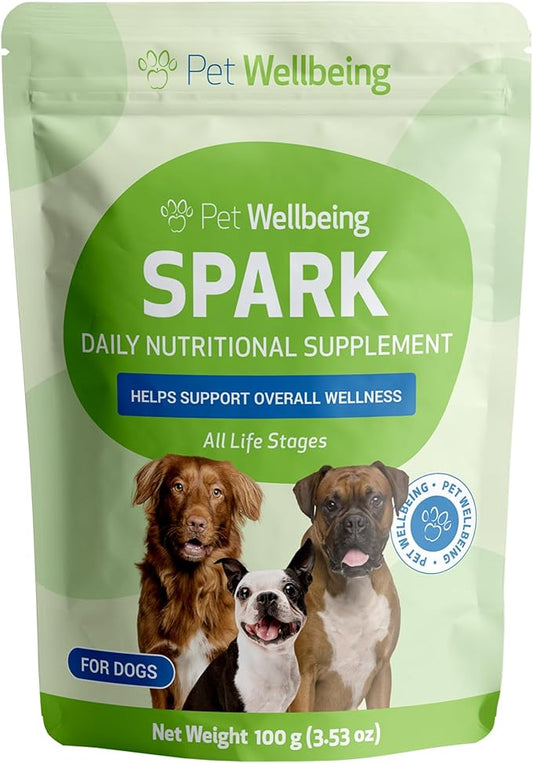 Pet Wellbeing Spark Daily Nutritional Greens Superfood for Dogs & Cats - Probiotics, Prebiotics, Digestive Enzymes, Amino Acids, Antioxidants, Vitamin D, Spirulina - Vet-Formulated 3.53 oz (100 g)
