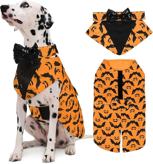 Kuoser Dog Tuxedo Suit and Bandana Set, Bat Pumpkin Print Dogs Halloween Outfit Adjustable Dog Halloween Costume with Bow Tie for Large Medium Small Dogs Golden Retriever Samo Bulldogs, Orange XL