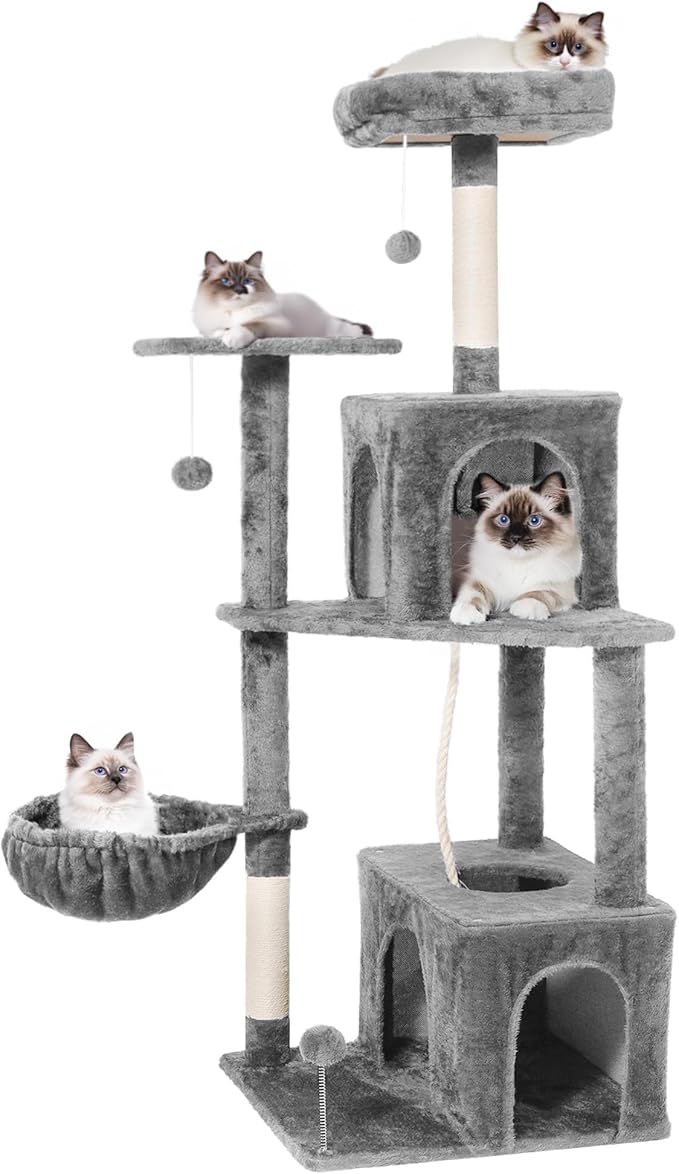 Cat Tree, 54-Inch Cat Tower for Indoor Cats,Plush Multi-Level Cat Condo with Scratching Posts, Basket, Perches,2 Caves,2 Pompoms(Gray)