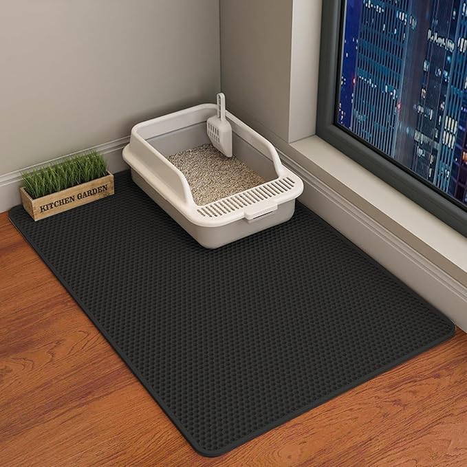Cat Litter Mat Cat Litter Trapping Mat, 46 x 24 inch Honeycomb Double Layer Design, Urine and Water Proof Material, Scatter Control, Less Waste, Easier to Clean, Washable black