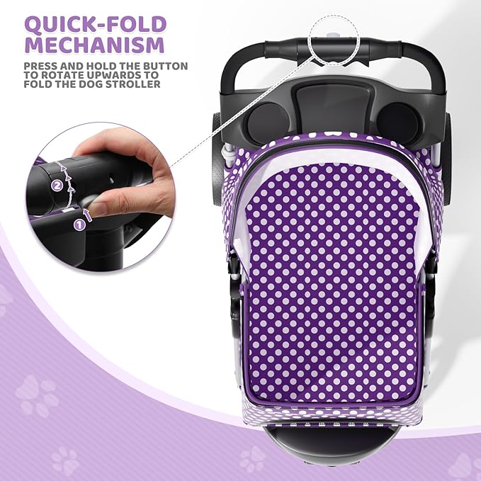 Magshion 3-Wheel Pet Stroller, Foldable Travel Jogger for Small & Medium Dogs & Cats (Up to 33lbs), Lightweight Carrier with Breathable Mesh Cover, Cup Holder & Storage Basket, Purple Polka Dots