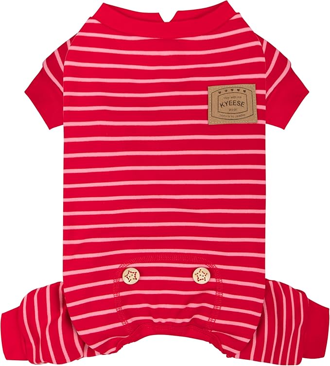 KYEESE Dog Pajamas, Stretchable Velvet Fleece 4 Legs Doggie Jammies, Striped Jumpsuit Pet Onesie, Cozy Outfit Comfortable Dog Clothes, Hair Shedding Cover Pet Sleepwear,Red Striped, Medium