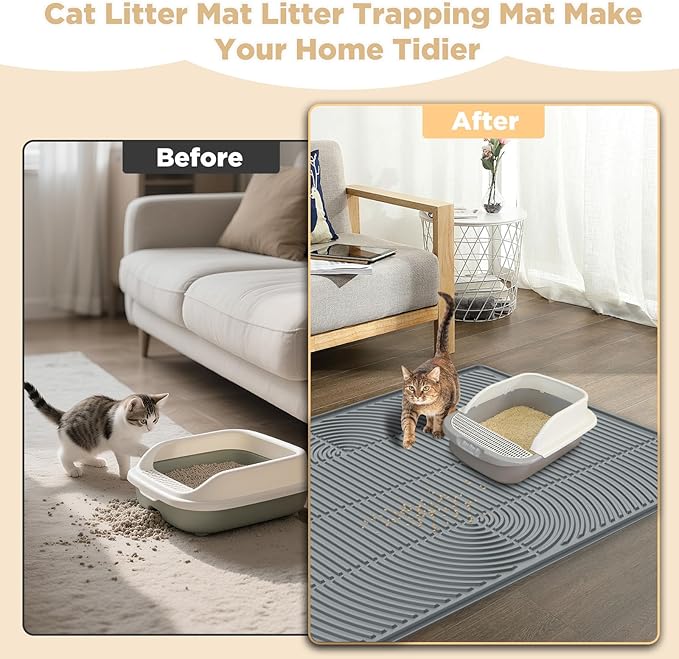 AMOK Cat Litter Mat, Extra Large Silicone Litter Box Mat 40" x 28", Waterproof Litter Trapping Mat for Cats, Durable and Easy to Clean, Grey