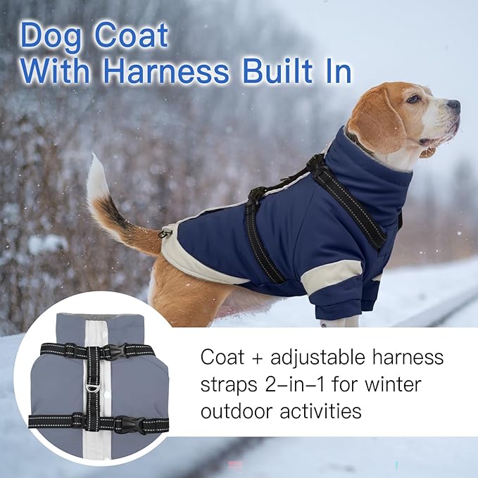 Dog Winter Coat with Adjustable Reflective Harness Built in -M | Turtleneck Water-Repellent Coats with Sleeves for Small Dogs Boy,Cold Weather Clothes,Warm Jacket for Schnauzer (Navy-Blue)