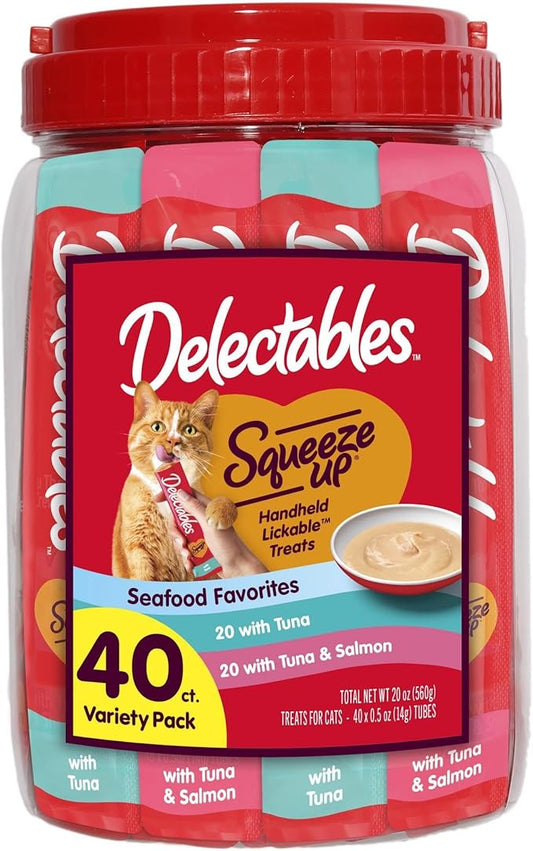 New! Delectables Squeeze Up Seafood Variety Pack, Creamy Squeezable Puree, Lickable Wet Cat Treats, Grain-Free, No Added Fillers, 0.5 Ounces Tube, 40 Tubes Total