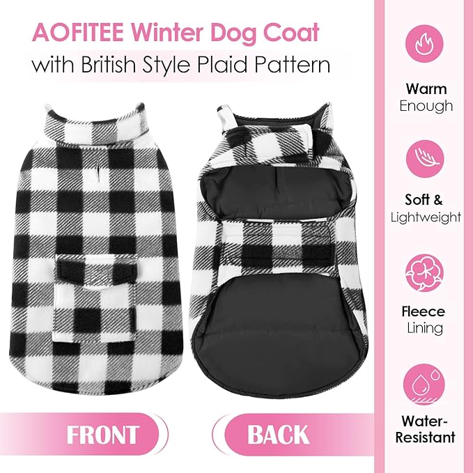 AOFITEE Dog Coat Plaid Dog Winter Coat for Large Dogs, Warm Dogs Jacket Christmas Sweater, Waterproof Pet Puffer Jacket, Reversible Pet Cold Weather Coats for Small Medium Large Pets, Black XL