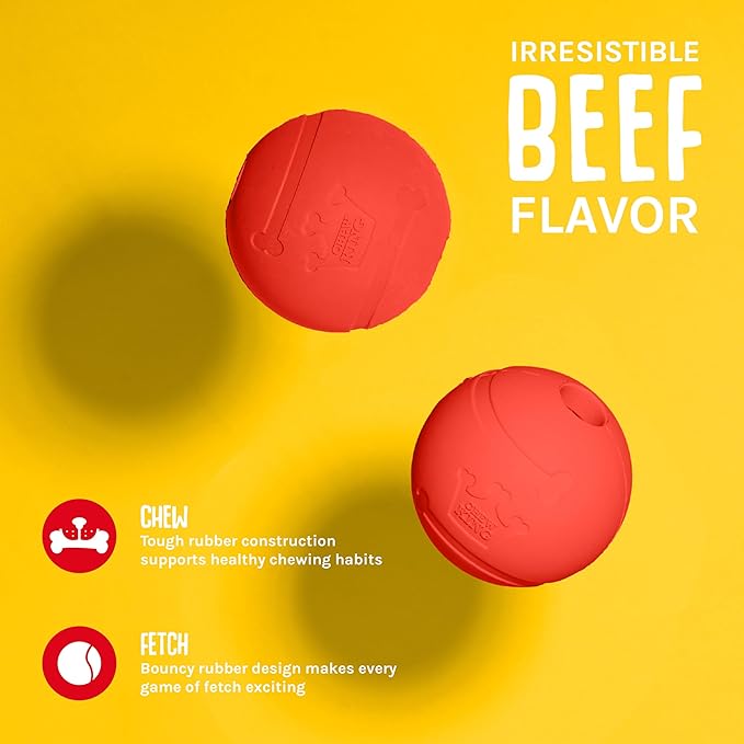 Chew King Flavored Rubber Ball Collection, 4 Inch Beef Flavor Rubber Fetch Balls 2-Pk