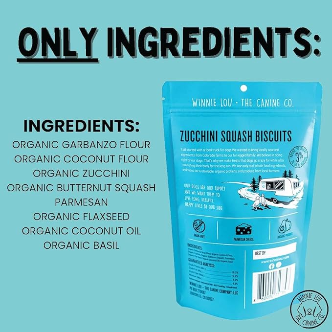 Winnie Lou Organic Healthy Dog Treats – All Natural Crunchy Dog Biscuits Made in USA with Organic Ingredients from Colorado Farms – for Small, Medium, Large Dogs - Zucchini Squash (Pack of 2)