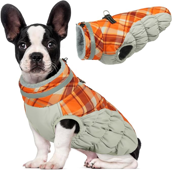 Lelepet Warm Dog Winter Coat Dog Coats for Small Dogs Waterproof Dogs Jacket with Harness Built in Reflective Cold Weather Coats Windproof Zip-Up Winter Fleece Vest Snowsuit Yorkie Orange Plaid S