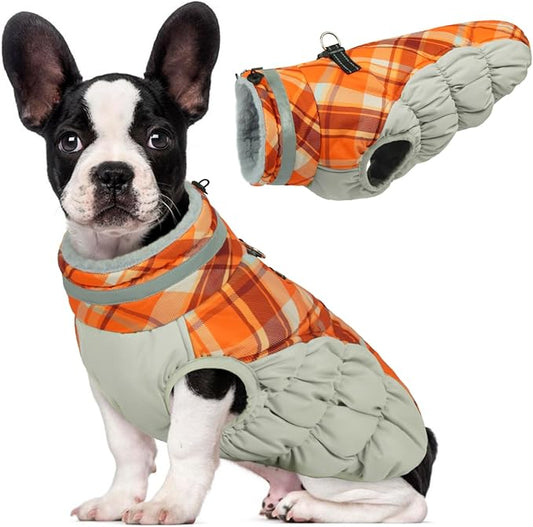 Lelepet Warm Dog Winter Coat Dog Coats for Small Dogs Waterproof Dogs Jacket with Harness Built in Reflective Cold Weather Coats Windproof Zip-Up Winter Fleece Vest Snowsuit Chihuahua Orange Plaid