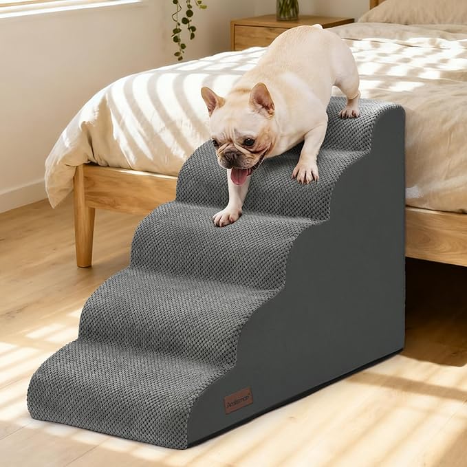 Dog Stairs for High Bed,5 Step Dog Ramp for Small and Medium Dogs,Pet Stairs with Non-Slip Bottom for Puppy, Older Cat,Indoor Pet Steps,Comfort,Durable,22.4" H,Grey