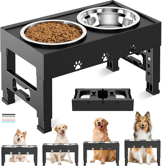 Elevated Dog Bowls with 2 Stainless Steel Bowls, Raised Dog Food Bowl Stand 5 Height Adjustable (3.1", 9", 10", 11", 12") Non-Slip Feeder Station Set for Medium and Large Dogs - Black