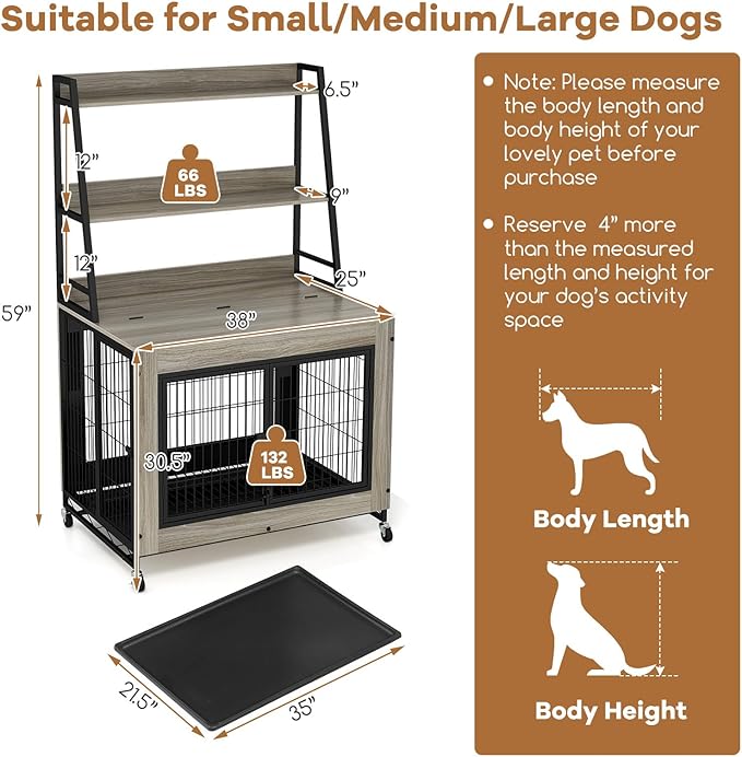 Giantex Dog Crate Furniture with Storage Shelves, 38" Furniture Style Indoor Dog Kennel on Wheels, 3 Doors, Flip Top Lid, Removable Pull-Out Tray, Dog Cage Pet House for Large Dogs, Oak Gray