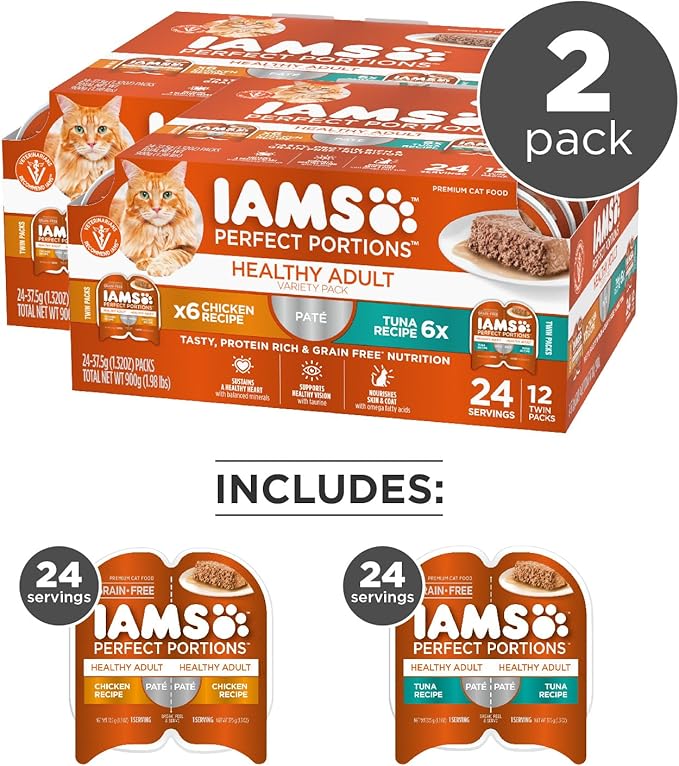 IAMS Perfect Portions Healthy Adult Wet Cat Food Pate, Chicken and Tuna Recipe Variety Pack, Easy Peel Twin-Pack Trays (12 Count, 24 Servings) (Pack of 2)